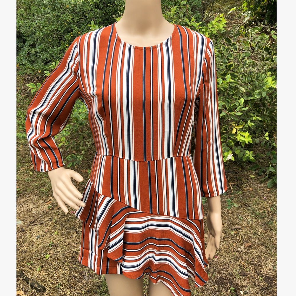 . Nordstrom Lush Rust Orange Striped Asymmetrical Long Sleeve Ruffle Romper - Picture 9 of 15